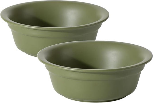 Ceramic 7.1inch Set of 2 Dog Bowls for Medium and Large Dogs, 2pcs Basic Food and Water Dishes for Replacement, Wide Opening Rounded Edge(2 Bowls, Olive Green)