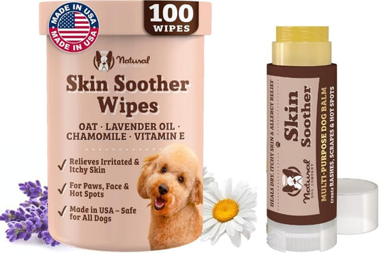 Natural Dog Company Skin Soother Bundle, (1) Dog Skin Wipes, 50 Count, (1) Travel Stick, 0.15 oz., Allergy and Itch Relief for Dogs, Dog Moisturizer for Dry Skin, Dog Lotion