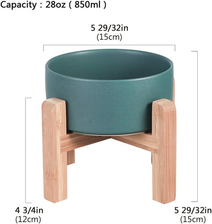 Green Ceramic Elevated Raised Cat Bowl with Wood Stand No Spill Pet Food Water Feeder Cats Small Dogs