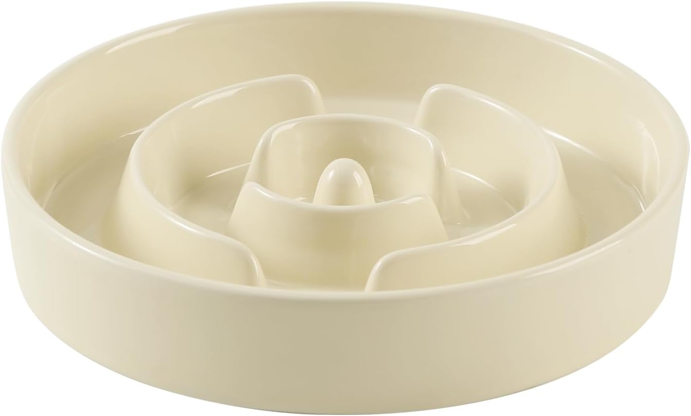 Ceramic 1.2 Cup Slow Feeder Dog Bowl for Medium and Small Breed, 7.3inch Puzzle Dog Food Dish, Anti-Gulping, Stop Bloat, Preventing Choking (Single Bowl-Beige)