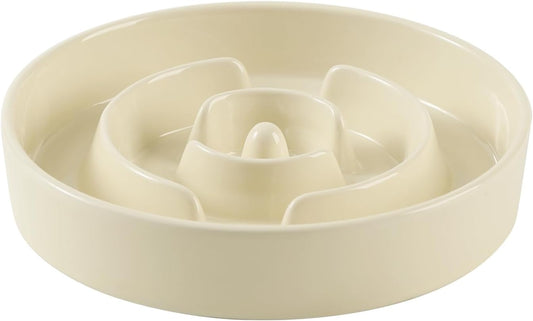 Ceramic 1.2 Cup Slow Feeder Dog Bowl for Medium and Small Breed, 7.3inch Puzzle Dog Food Dish, Anti-Gulping, Stop Bloat, Preventing Choking (Single Bowl-Beige)