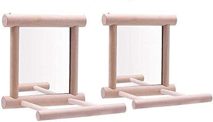 Bird Mirror Wooden Hanging Swing Interactive Play Toys for Small Parrot Budgies Macaw African Grey Parakeet Cockatiel Conure Lovebird Cage Accessories (Bird Mirror Perch Stand-2 PCS)