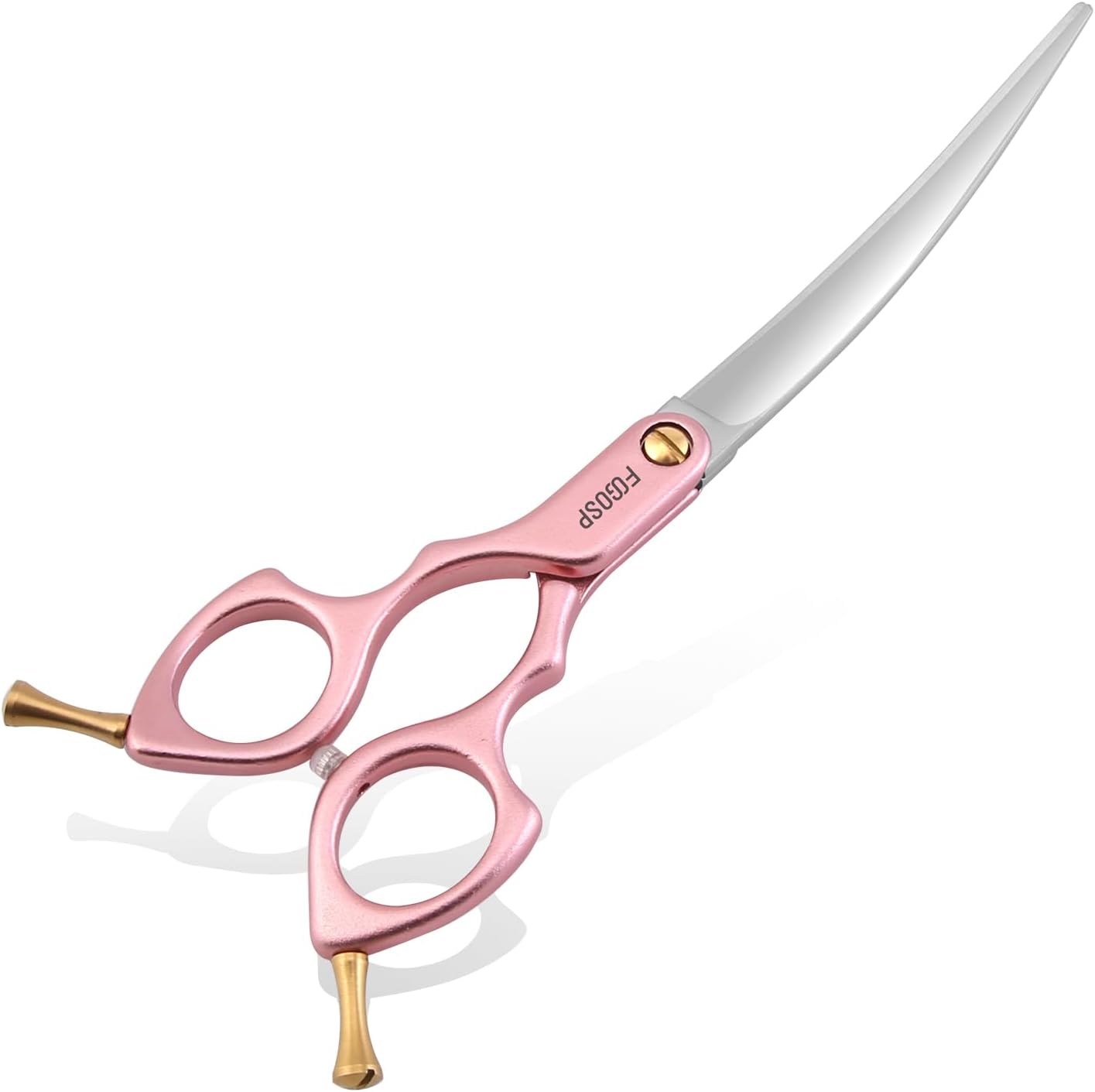 Professional Left Handed Curved Dog Grooming Scissors with Sharper Self Grinding lightweight and finely trimmed split structure 6.5'' Japan VG10 63HRC for small dogs cat pet(Pink)