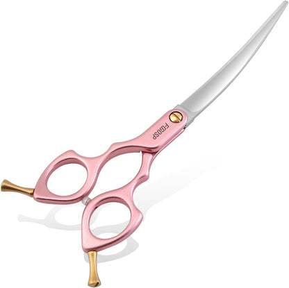 Professional Left Handed Curved Dog Grooming Scissors with Sharper Self Grinding lightweight and finely trimmed split structure 6.5'' Japan VG10 63HRC for small dogs cat pet(Pink)