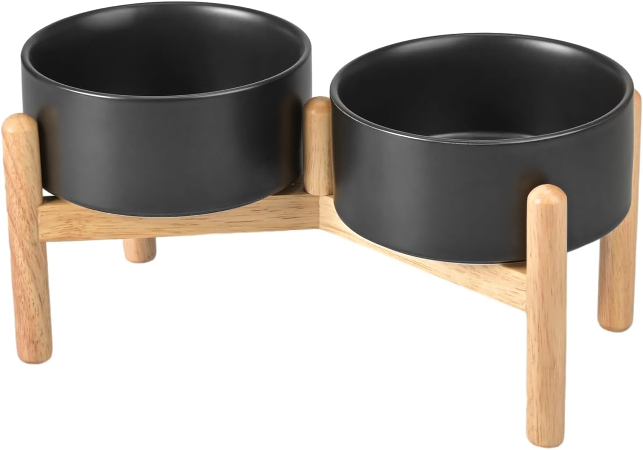 SPUNKYJUNKY Ceramics Raised Dog Bowls with Wooden Stand - Elevated Dog Feeding Set (Double 28.7OZ, Black)