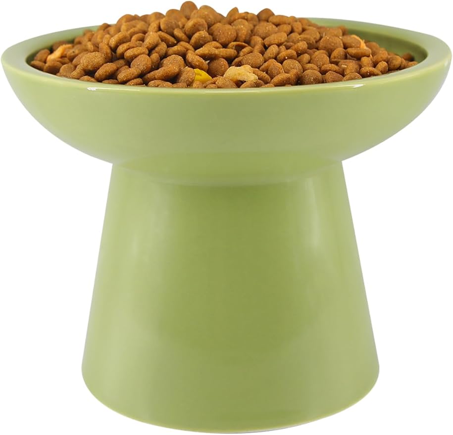 LoeJan Elevated Green Cat Bowls Set - Wide Raised Ceramic Feeder, Anti-Vomit Whisker-Free Bowl for Kittens to Adult Cats