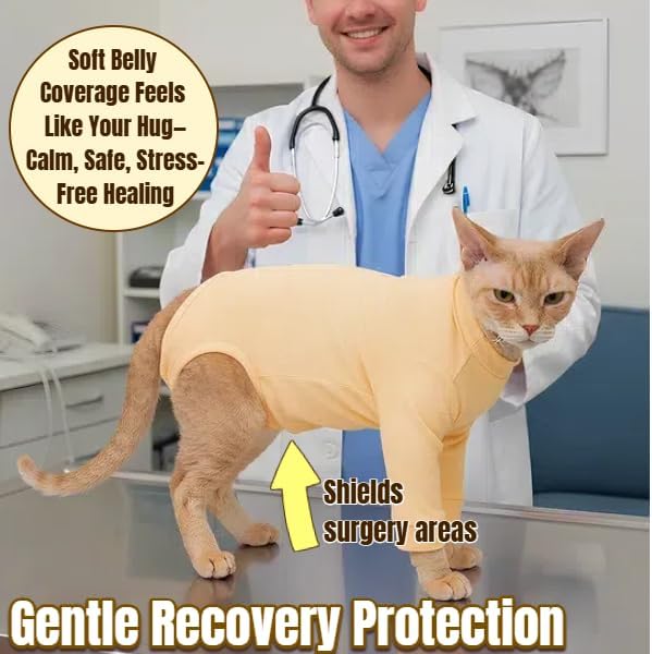 T'CHAQUE Cat Surgery Recovery Suit, Anti-Licking Onesie for Post-Spay/Neuter Abdominal Wound, Cat Recovery Suit with Adjustable Drawstring Collar - Long Sleeve Kitten Surgical Onesie, Orange, L