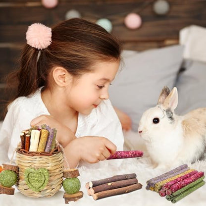 Rabbit Chew Toys,Natural Hanging Basket with Sweet Bamboo,Timothy Hay,Peach Sticks for Bunny Chinchillas Guinea Pigs Hamsters Rats Teeth Grinding