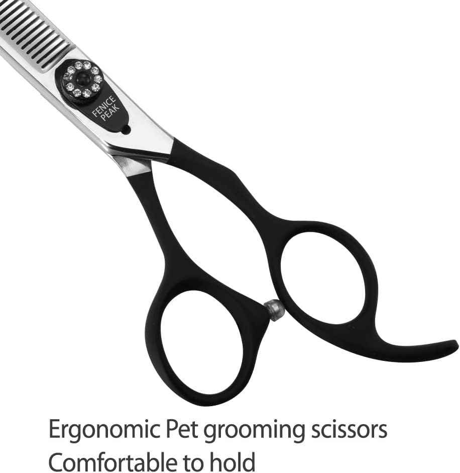 Fenice Peak 7.0'' Professional Dog Grooming Scissors Set with Black Non-Slip Handle 440C Stainless Steel Straight Thinning Curved Chunker Shears 4pcs Set for Pet Grooming Services