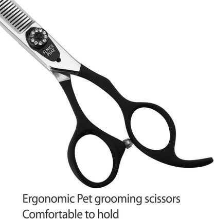 Fenice Peak 7.0'' Professional Dog Grooming Scissors Set with Black Non-Slip Handle 440C Stainless Steel Straight Thinning Curved Chunker Shears 4pcs Set for Pet Grooming Services