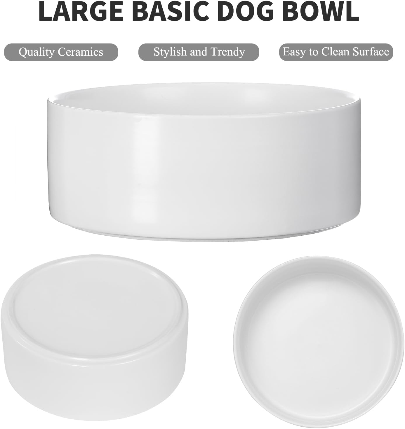 8'' Ceramic Dog Bowl - 70Oz Classic Dogs Food & Water Bowl for Medium and Large Breeds, Heavy-Duty Non-Slip Dog Dish, Food Grade Stoneware Pet Bowl, Dishwasher & Microwave Safe, White