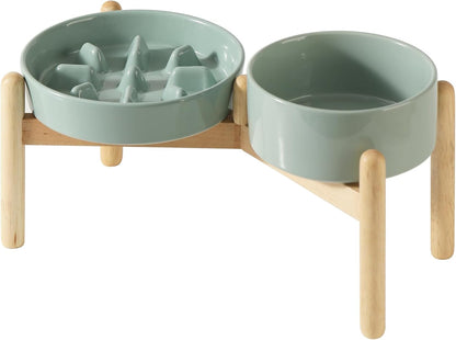Ceramic 1.2 Cup Raised Slow Feeder Dog Bowl Set, Elevated 6.1inch Bowl and 7.3inch Slow Pet Food Dish with Wooden Stand for Small and Medium Dog (2 x Light Green+ Stand)