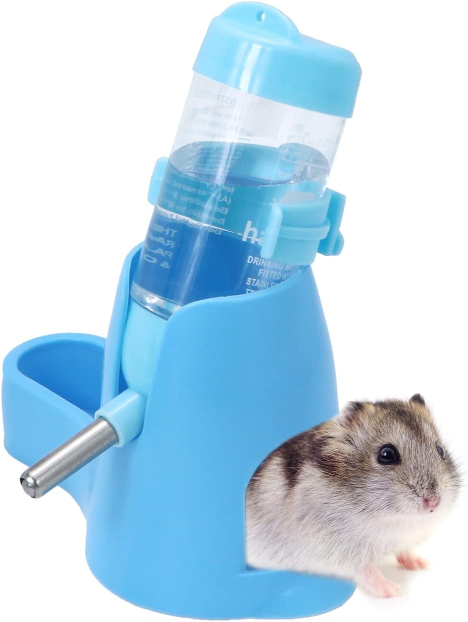 Wontee 3 in 1 Hamster Water Bottle Small Pet Automatic Water Dispenser with Food Container Base Hideout for Dwarf Hamster Mice Gerbils, 2 Pack (Blue, 80ML)