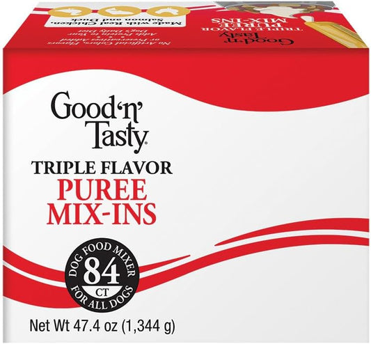 Good 'n' Tasty Triple Flavor Puree Mix-Ins Variety Pack Dog Food Topper Treats for All Dogs, 84 Count, Easy Single-Serve Portions, Added Protein with Chicken, Salmon, Duck, Beef and Rabbit