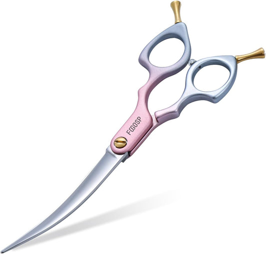 Professional Curved Dog Grooming Scissors with Sharper Self Grinding lightweight and finely trimmed split structure 6.5'' Japan VG10 63HRC for small dogs cat pet(Pink&Gray)