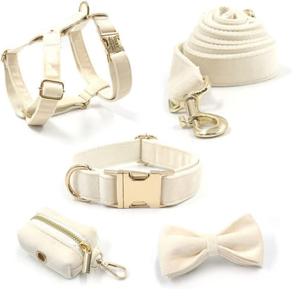PETDURO Custom Dog Collar Personalized with Name Engraved Quick Release Rose Gold Metal Buckle for Large Medium Small Girl Dogs - Dog Leash and Bow Tie Available - Soft Comfy Velvet (Cream G, L)