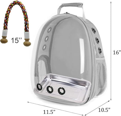 Bird Traval Carrier Cage, Clear Space Capsule Astronaut Backpack to Carry Parakeet Cockatiel Parrot with Metal Tray Wood Perch, Vet Transport School Bag