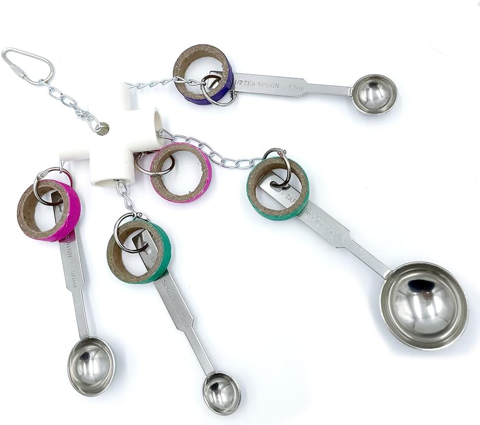 Durable Bird Parrots Scoops and Bagel Toys, Pullable Stainless Steel Spoon and Cardboard Ring Toys for Small and Medium Bird Parakeets, Cockatiels, Conures, Budgie, Lovebirds, Finches