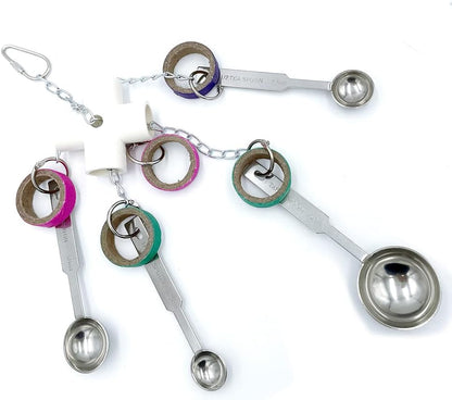 Durable Bird Parrots Scoops and Bagel Toys, Pullable Stainless Steel Spoon and Cardboard Ring Toys for Small and Medium Bird Parakeets, Cockatiels, Conures, Budgie, Lovebirds, Finches