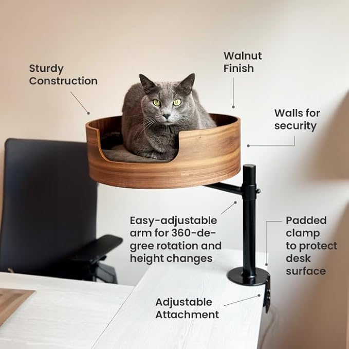Desk Nest® Cat Desk Bed – Space-Saving, Elevated Bed for Cats – Keeps Desks Clear, 360° Adjustable, Supports 25 lbs – Secure, Stylish and Durable – Perfect for Home Office – Walnut Wood Finish