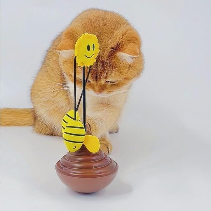 Wobble Cat Toy, an Adorable Interactive Rolling pet Toy Featuring Fun Sunflower Decorations and Feathers to Ignite Your Cat's Hunting Instincts. (Yellow)