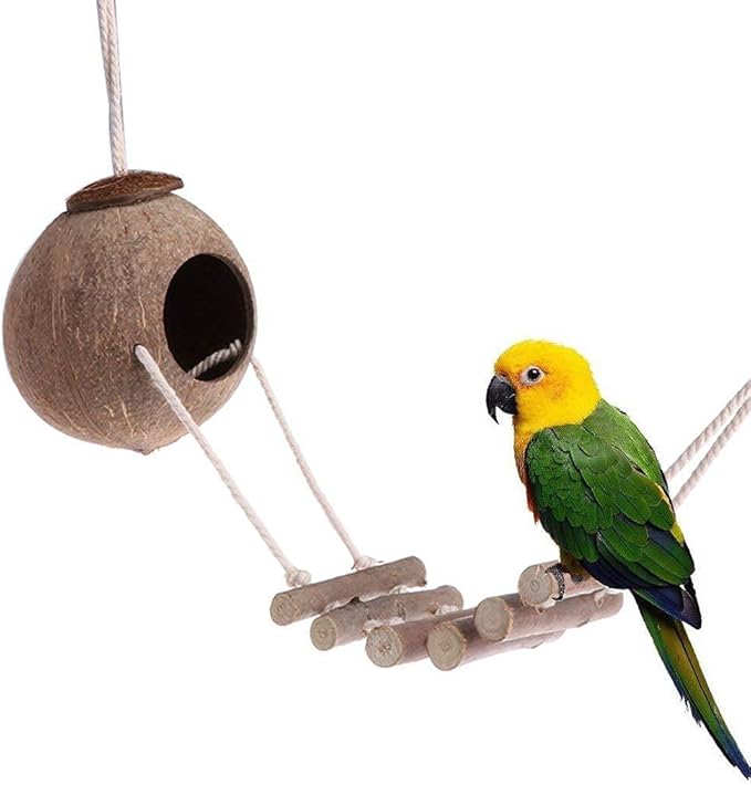 9-Piece Parrots Chewing Toy Set - Natural Wood & Rope Bungee Toys for Anchovies, Coconut Hideaway with Ladder, Bird Perch Stand, Cage Accessories for Parakeets, Cockatiel, Conure, Mynah, Macaw