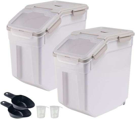 2 Pack Rice Storage Container 25 lbs, Airtight Flour Storage Containers with Lid and Wheels, Measuring Cup & Scoop, BPA Free, Bulk Food Dispenser for Sugar, Grain, Cereal - Pet Food Bin (Grey)