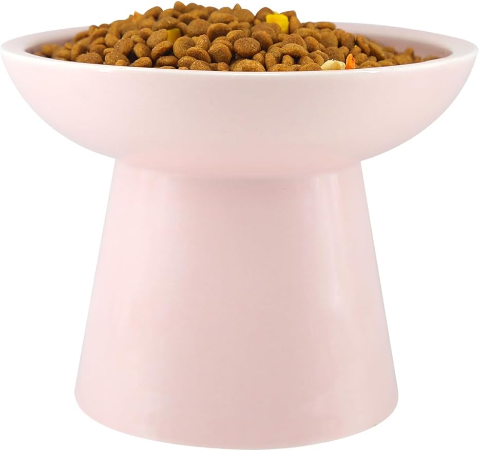 LoeJan Elevated Food and Water Bowls Set, Extra Wide and Raised Ceramic Feeder, Anti-Vomit Whisker-Free Pressure Feeding Bowl for Kittens Adult Cats Small Dogs (Pink, Food Bowl)