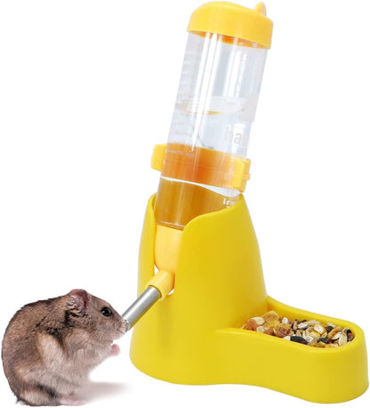 3 in 1 Hamster Hanging Water Bottle Pet Auto Dispenser with Base for Dwarf Hamster Mouse Rat Hedgehog (125ML, Yellow)