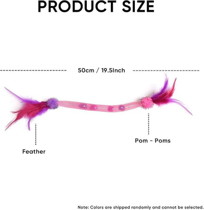 Cat Toys for Indoor Cats with Catnip – 3 Pack Feather Elastic Mesh Chew with Pom-Pom Cat Toys, 19.5 Inch Durable Kitten Teething Cat Toy Bundle with Bells
