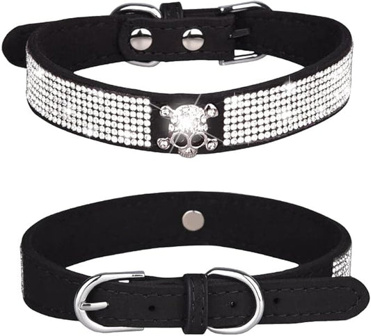 Rhinestone Dog Collar, Cute Dazzling Sparkling Soft Suede Leather Adjustable Pet Dog Cat Collar Crystal Diamond for Puppy Small Medium Large Dogs (M:32-38cm, Black-5)