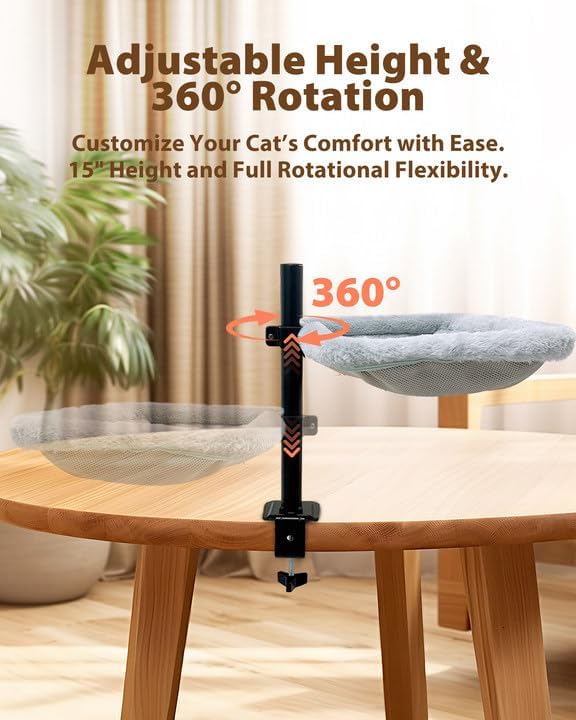 L&W BROS. Cat Desk Bed – Adjustable Desk Cat Hammock with 360° Rotating Arm, Dual-Sided Washable Cover, 35LB Capacity, 17"x14", Metal Frame