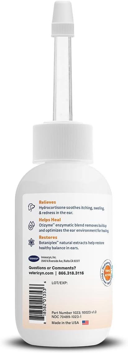 Vetericyn Triple-Action Ear Treatment for Dogs & Cats - 1% Hydrocortisone Ear Drops for Dog Ear Infection Relief - Fast Itch Relief & Healing with Otizyme Blend. 1.5 Ounce