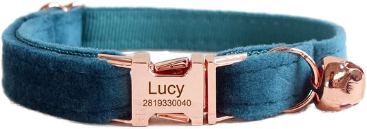 Cat Collar Personalized with Name Engraved and Bell, Customized Velvet Collars for Puppy Kittens (Green, L)