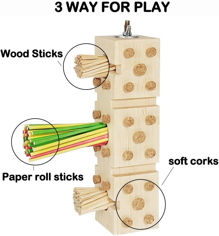 Parrot Toy Cage Perch with Pine Wood Foraging Smart Chewing Toy Soft Corks for Small to Regular Size Parrot Cockatiel Foraging Toy