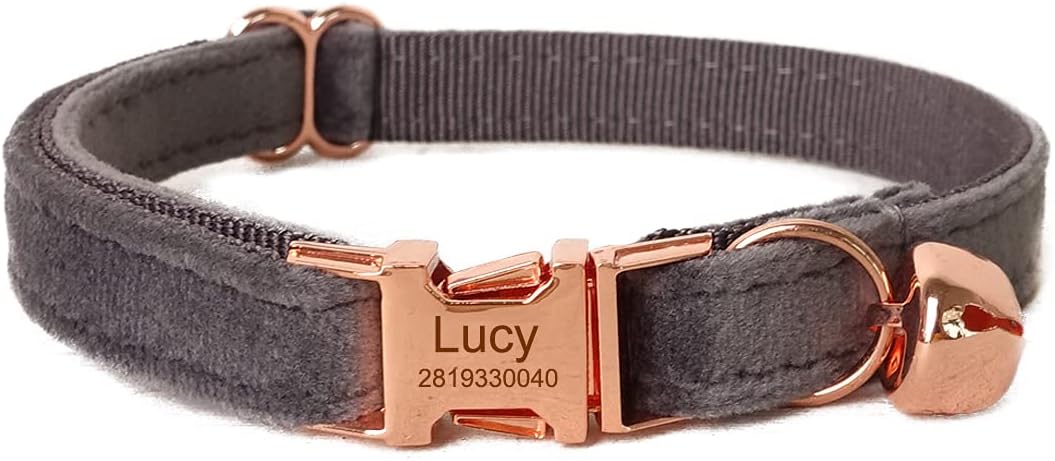 Cat Collar Personalized with Name Engraved and Bell, Customized Velvet Collars for Puppy Kittens (Grey, S)