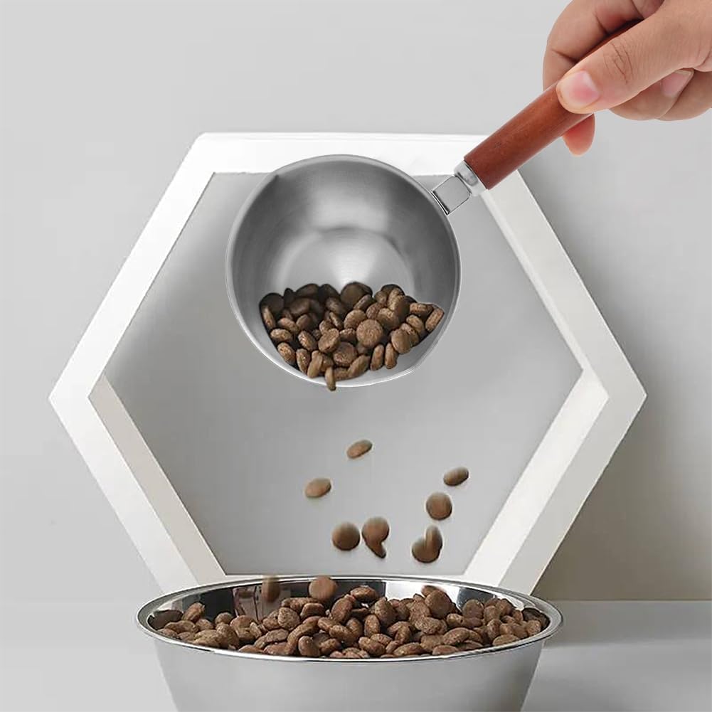 Kichwit Dog Food Scoop Pet Food Scoop 304 Stainless Steel Measuring Cup with Wood Handle, 1 Cup and 1/2 Cup, Pack of 2