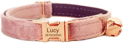 Cat Collar Personalized with Name Engraved and Bell, Customized Velvet Collars for Puppy Kittens (Pink, L)