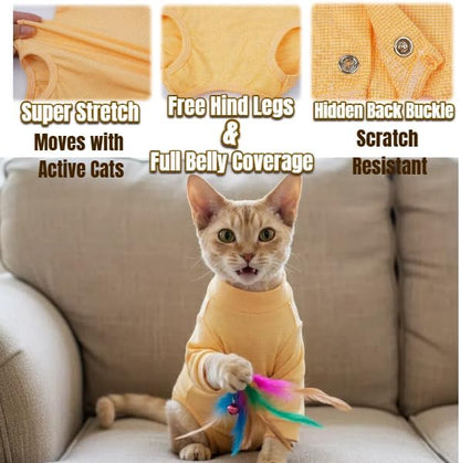 T'CHAQUE Cat Surgery Recovery Suit, Anti-Licking Onesie for Post-Spay/Neuter Abdominal Wound, Cat Recovery Suit with Adjustable Drawstring Collar - Long Sleeve Kitten Surgical Onesie, Orange, S