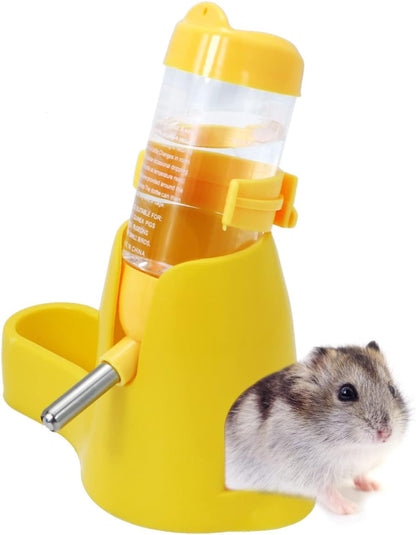 3 in 1 Hamster Hanging Water Bottle Pet Auto Dispenser with Base for Dwarf Hamster Mouse Rat Hedgehog (80ML, Yellow)