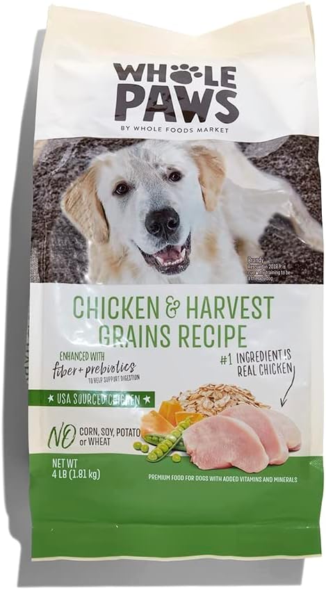 Whole Paws, Dry Dog Food, Chicken & Harvest Grains Recipe, Enhanced with Fiber & Prebiotics, 4 lb