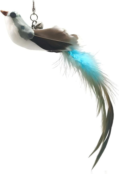 Deluxe Bird Replacement Heads for Cat Toys - Set of 5 - Realistic Feather Designs Including Blue Floral, Two-Tone, Traditional, Black & White, Green Hummingbird - Easy Clip-On