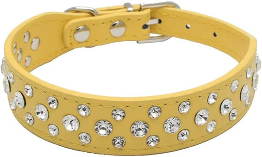 Rhinestone Dog Collar, Bling Rhinestone PU Leather Crystal Diamond Pet Dog Cat Puppy Collar Black S M L XL (L:30-36CM, Yellow)