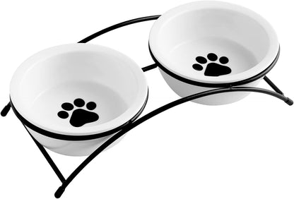 ZONEYILA Elevated Cat Bowls, Dog Bowl, Ceramic Raised Cat Food Water Bowl Set with Metal Stand for Indoor Cats Small Dog, Prevent Neck Pain,12 Ounces, Cute Paw Pattern