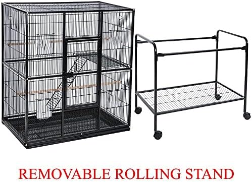 EXTRA LARGE Double Breeding Flight Bird Wrought Iron Double Parrot Bird Cage Slide Out Center Divider Side Nesting Box Doors Cockatiel Conure Removalbe Rolling Stand (Black Vein, 63"L x 19"W x 64"H)