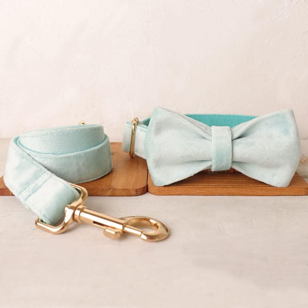 PETDURO Personalized Dog Collar Mint Blue Soft Velvet for Large Medium Small Boy Girl Dogs - Custom Collar with Name Phone Number Engraved on Gold Metal Buckle - Add Leash Bow Set via Customize Now