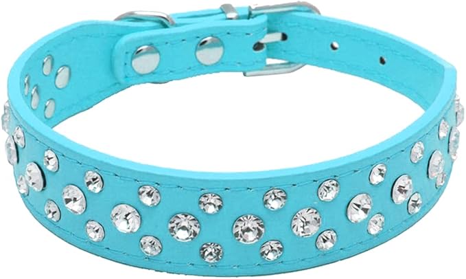 Rhinestone Dog Collar, Bling Rhinestone PU Leather Crystal Diamond Pet Dog Cat Puppy Collar Black S M L XL (M:26-32CM, Light Blue)