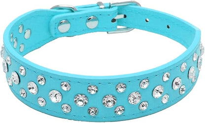 Rhinestone Dog Collar, Bling Rhinestone PU Leather Crystal Diamond Pet Dog Cat Puppy Collar Black S M L XL (M:26-32CM, Light Blue)