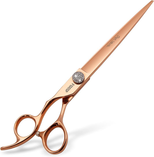 8'' Professional Left Handed Dog Grooming Scissors Straight Long Large Grooming Shears for Dogs Pet Rose Gold Titanium Japan 440C Lefty Hand Dog Hair Cutting Scissors for Poodle(8,Straight)