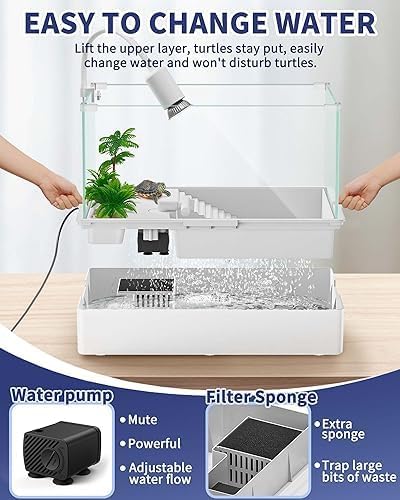 Large Turtle Tank Kit(Tank + Light + Water Pump), Acrylic Turtle Tank Starter Kit with Two Rain Shower Head, Adjustable Water Pump, Higher Fences (Kit-S)